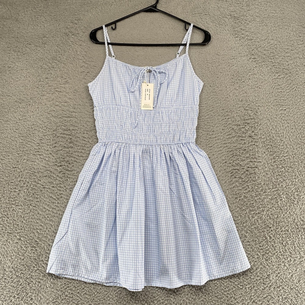 Sim & Sam Dress Womens M Milkmaid Blue Gingham Smocked Fit Flare Sundress Mini